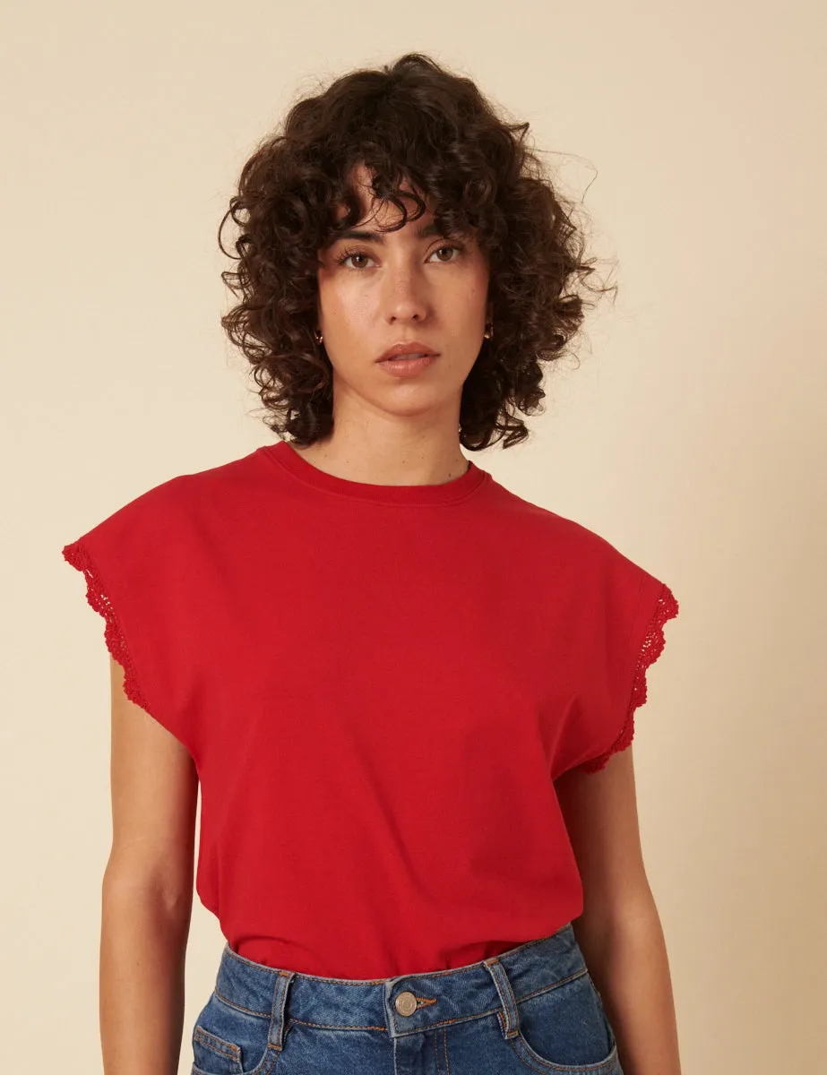 Red Crochet Trim Cap Sleeve T-Shirt sold by Nobody's Child product image thumbnail 3