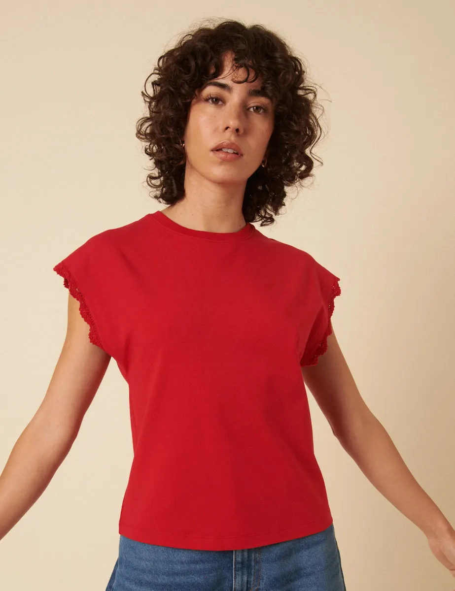 Red Crochet Trim Cap Sleeve T-Shirt sold by Nobody's Child product image thumbnail 4