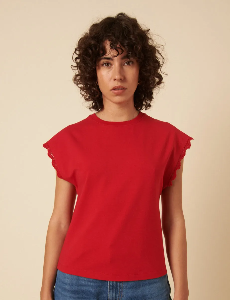 Red Crochet Trim Cap Sleeve T-Shirt sold by Nobody's Child