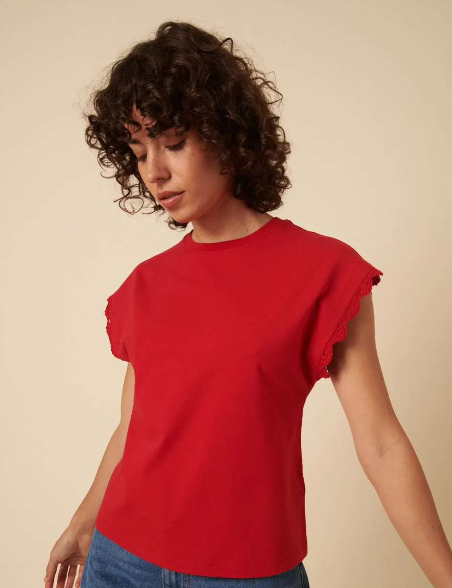 Red Crochet Trim Cap Sleeve T-Shirt sold by Nobody's Child product image thumbnail 2
