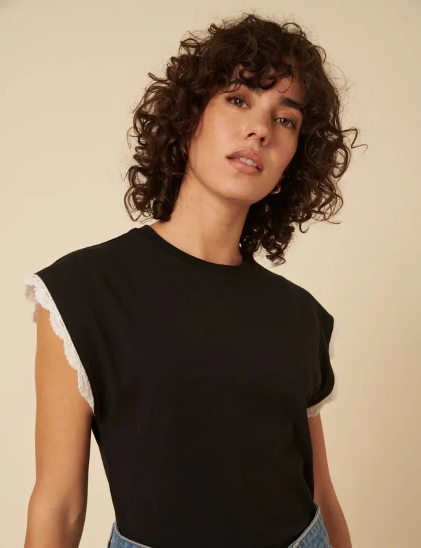 Black Crochet Trim Cap Sleeve T-Shirt sold by Nobody's Child