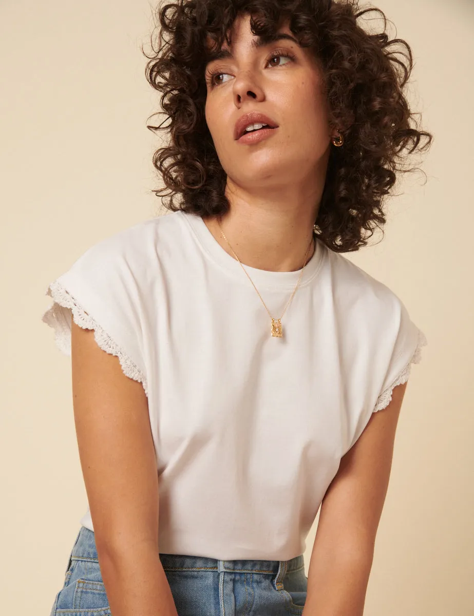 White Crochet Trim Cap Sleeve T-Shirt sold by Nobody's Child product image thumbnail 2