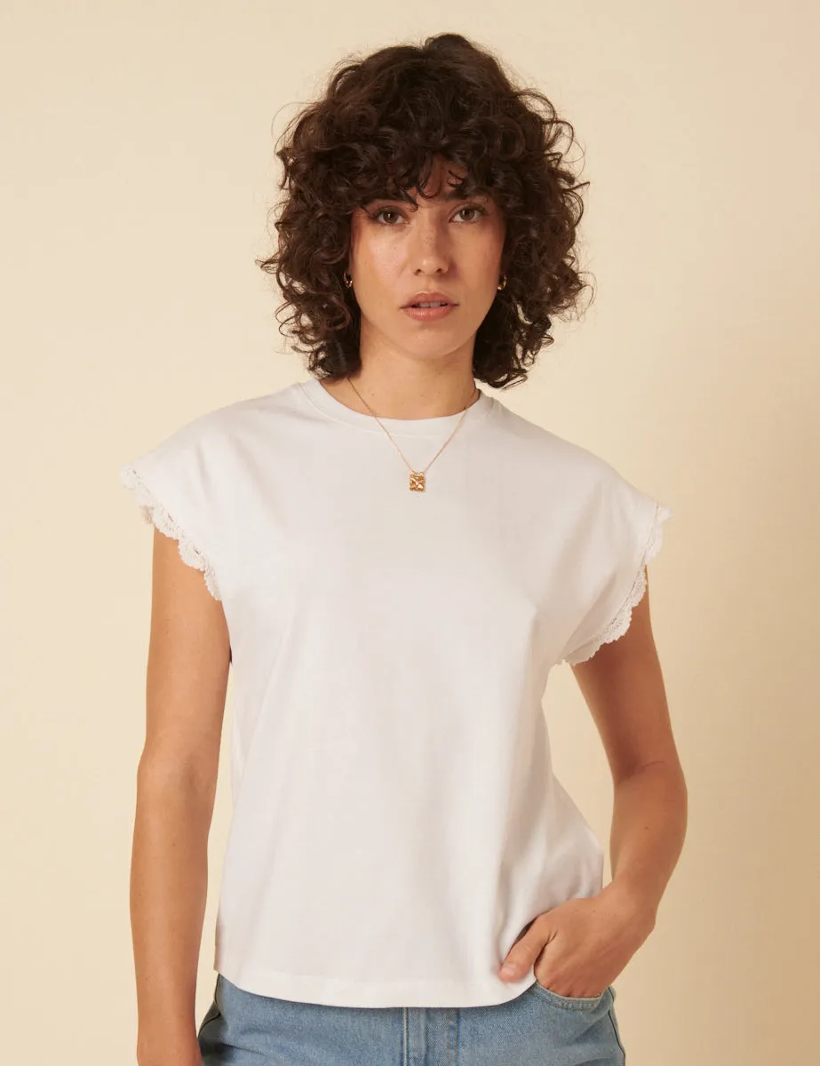 White Crochet Trim Cap Sleeve T-Shirt sold by Nobody's Child