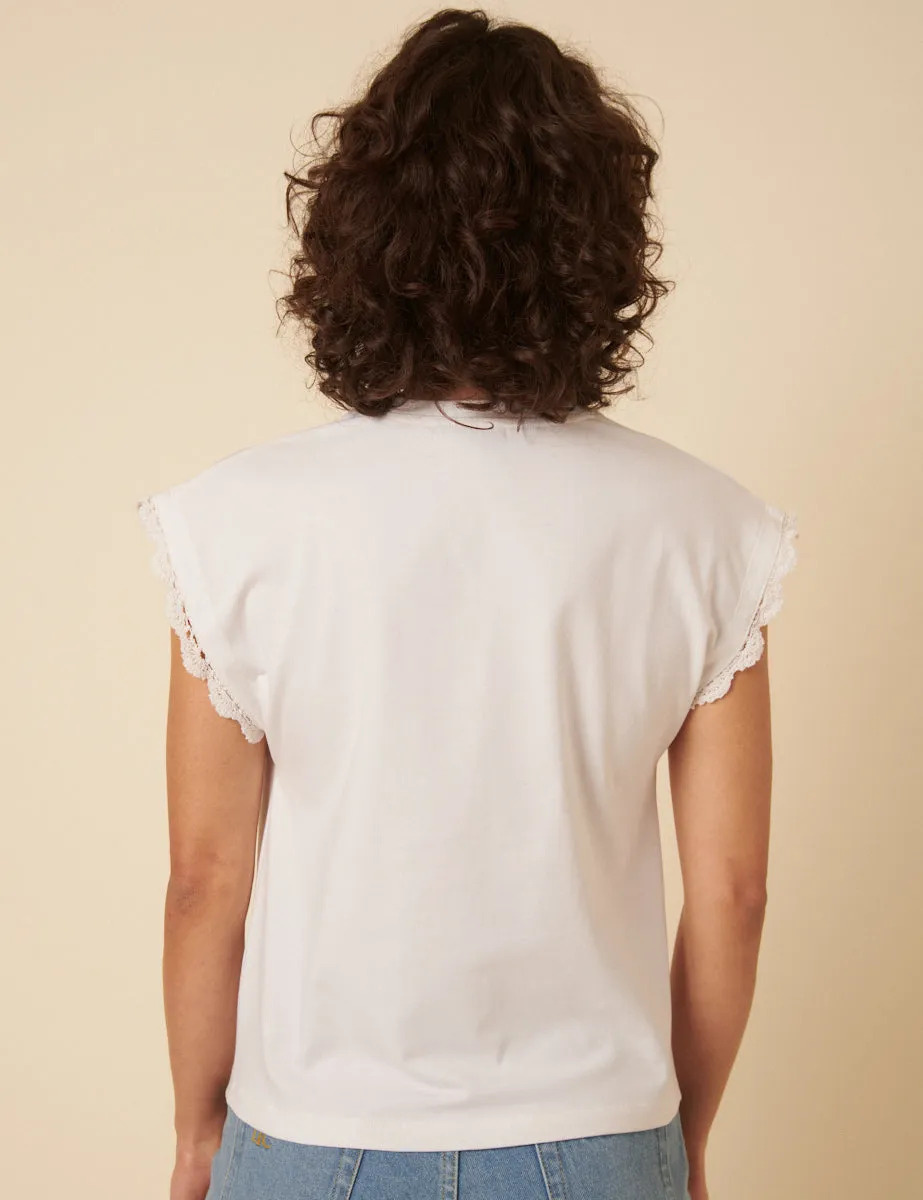 White Crochet Trim Cap Sleeve T-Shirt sold by Nobody's Child product image thumbnail 4