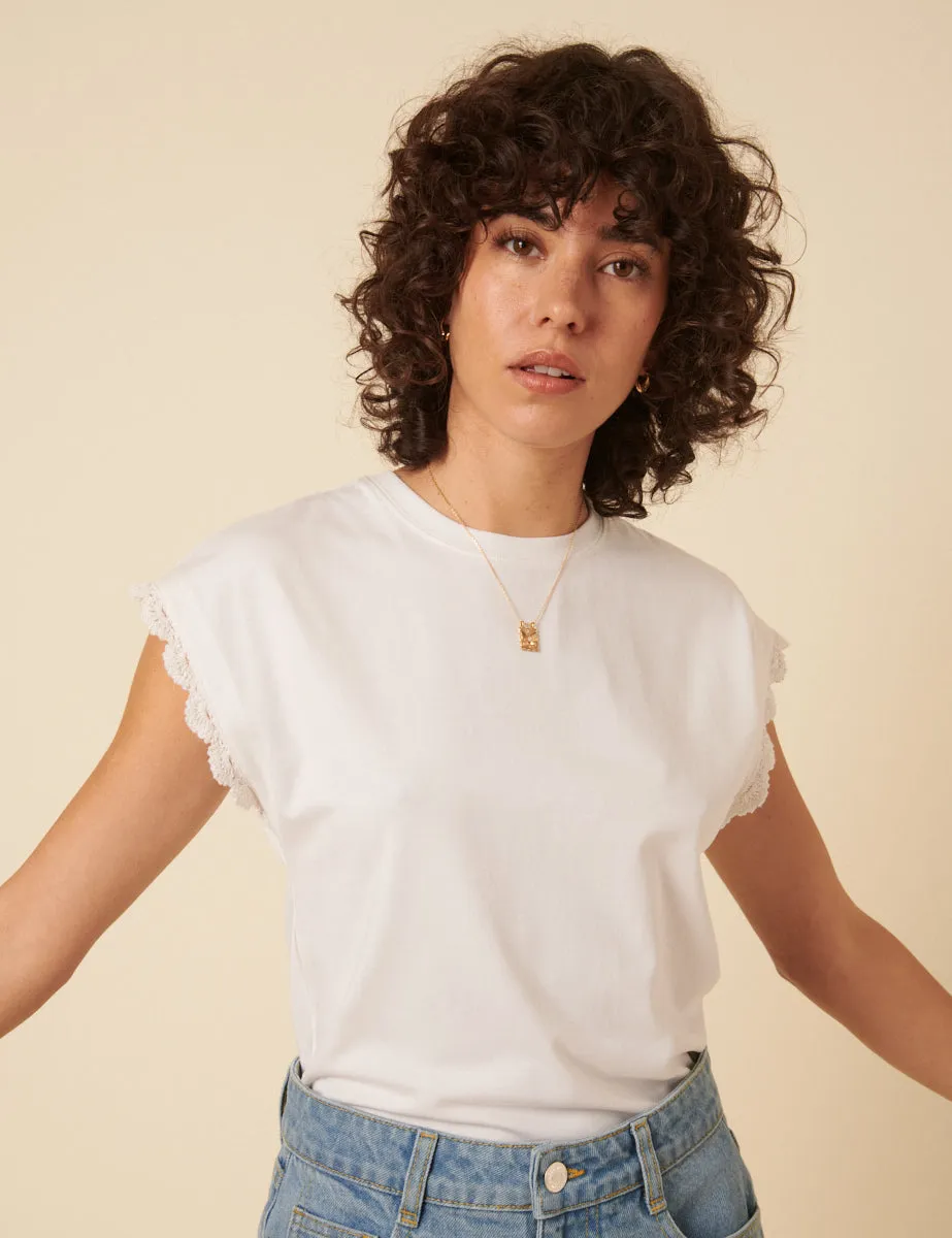 White Crochet Trim Cap Sleeve T-Shirt sold by Nobody's Child product image thumbnail 3