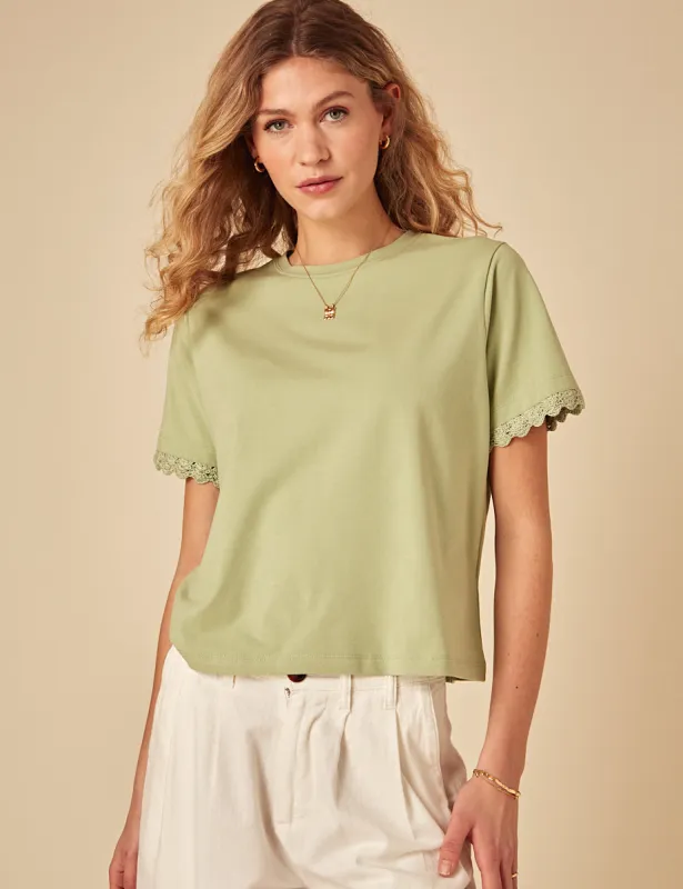 Green Crochet Trim T-Shirt sold by Nobody's Child