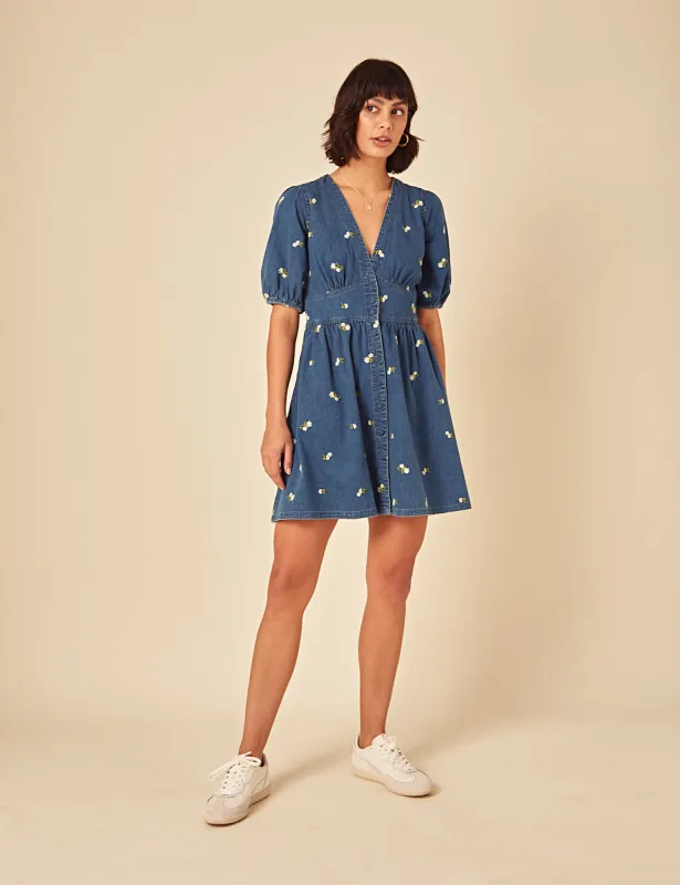 Denim Floral Embroidered Mini Dress sold by Nobody's Child