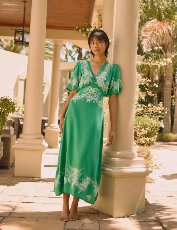 Green Linen-blend Floral Embroidered Nicky Midi Dress sold by Nobody's Child