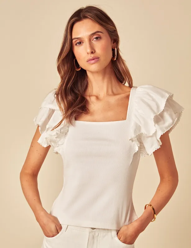 White Frill Shoulder Top sold by Nobody's Child