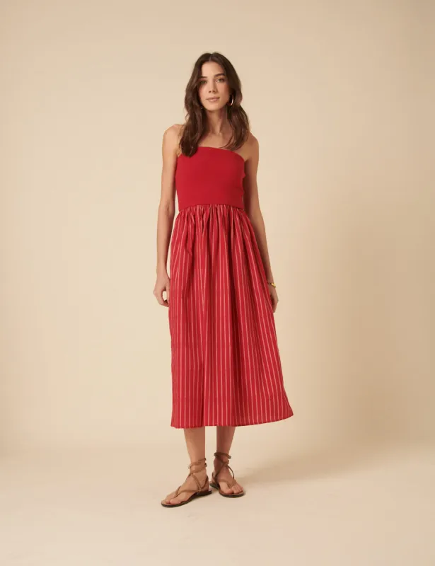 Red Bandeau Pinstripe Midi Dress sold by Nobody's Child