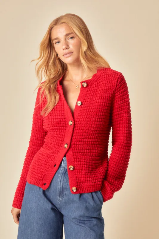 Red Textured Knitted Cardigan sold by Nobody's Child