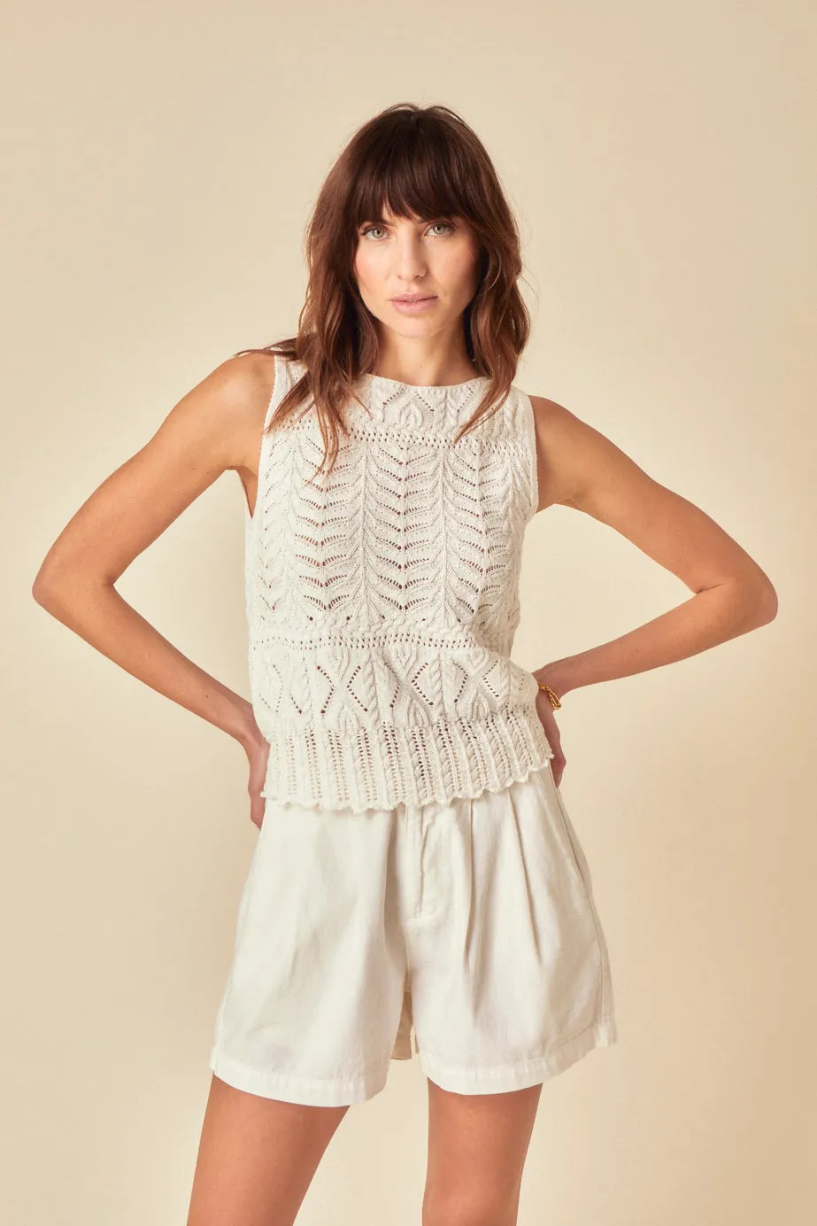 Cream Mock Crochet Swing Vest sold by Nobody's Child