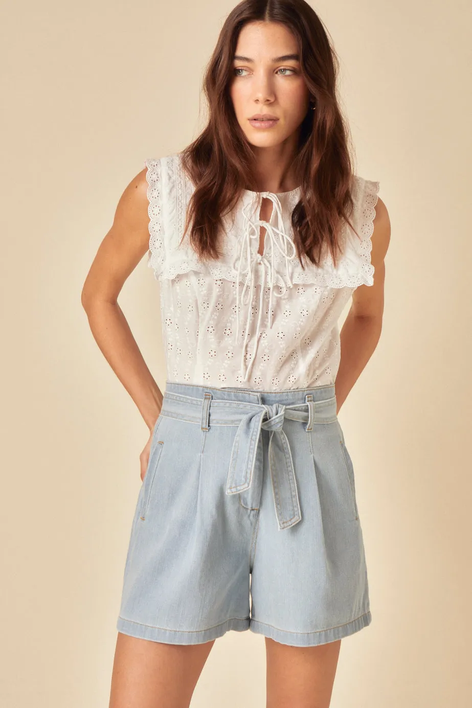 Light Denim Tie Front Shorts sold by Nobody's Child