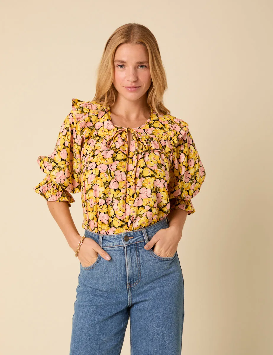 Yellow Floral Short Sleeve Blouse sold by Nobody's Child product image thumbnail 2