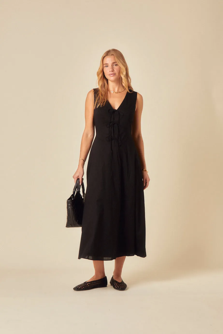 Black Tie Front Terra Midi Dress sold by Nobody's Child