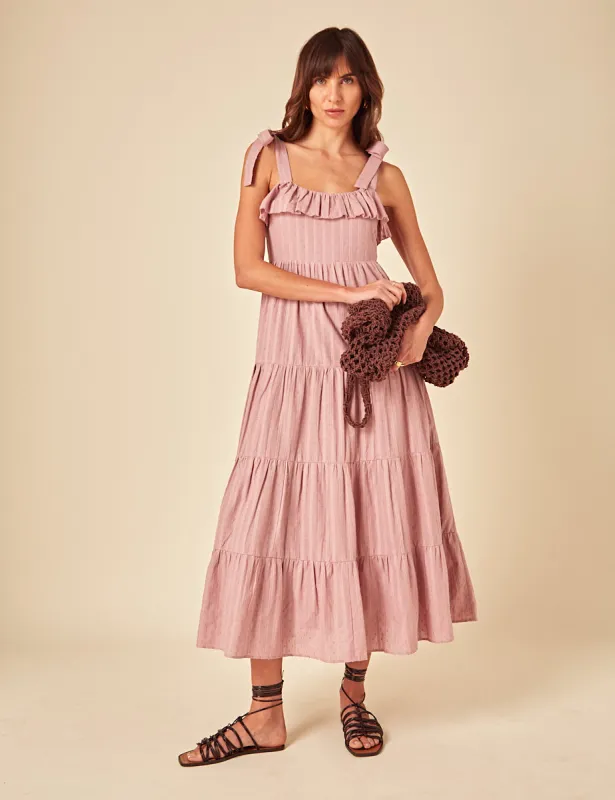 Pink Frill Tiered Delphine Midi Dress sold by Nobody's Child