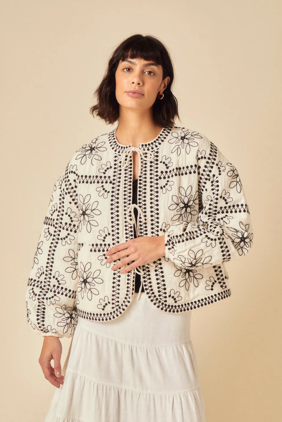 White Floral Embroidered Quilted Jacket sold by Nobody's Child