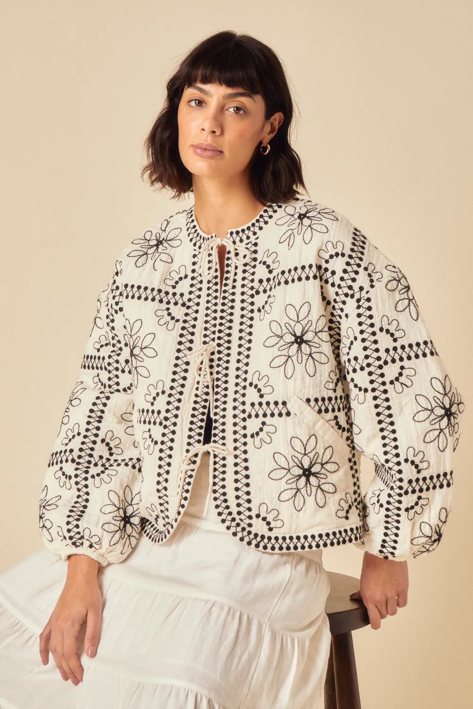 White Floral Embroidered Quilted Jacket sold by Nobody's Child product image thumbnail 4