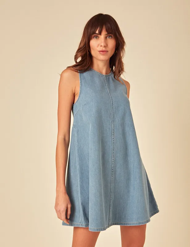 Blue Denim A-line Lily Swing Mini Dress sold by Nobody's Child