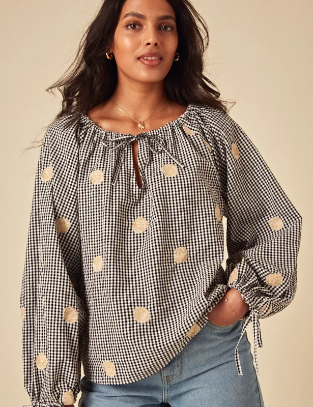 Elizabeth Scarlett Black Gingham Shell Embroidered Poet Blouse sold by Nobody's Child