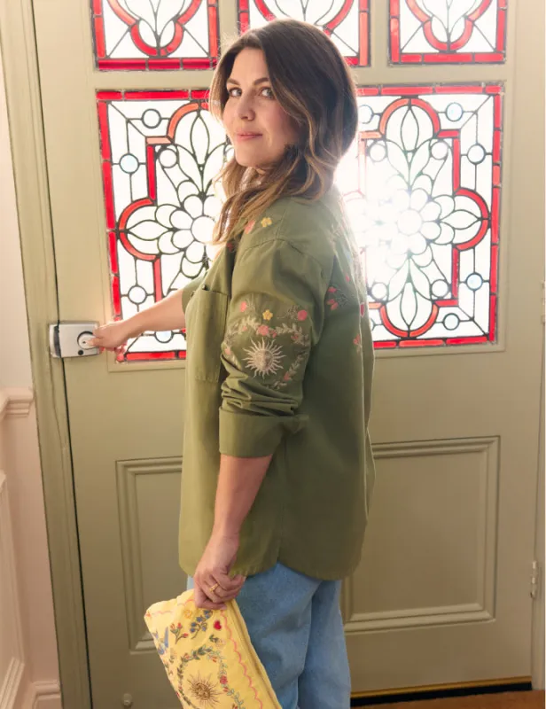 Elizabeth Scarlett Green Denim Embroidered Shacket sold by Nobody's Child
