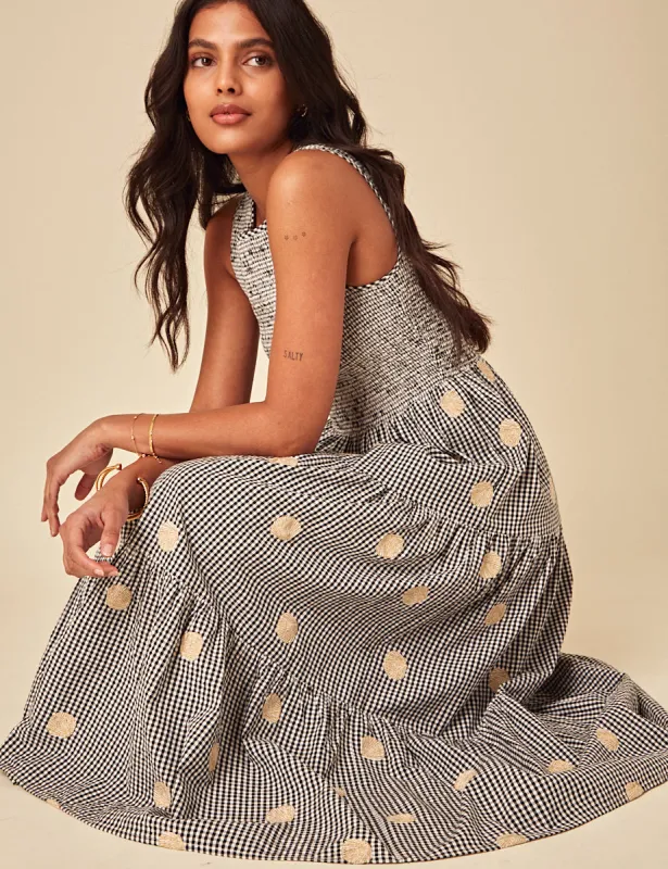 Elizabeth Scarlett Black Gingham Embroidered Charlie Midi Dress sold by Nobody's Child