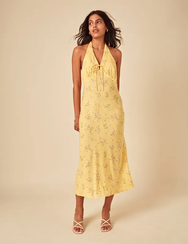 Elizabeth Scarlett Butter Yellow Floral Halter Neck Lyne Midi Dress sold by Nobody's Child