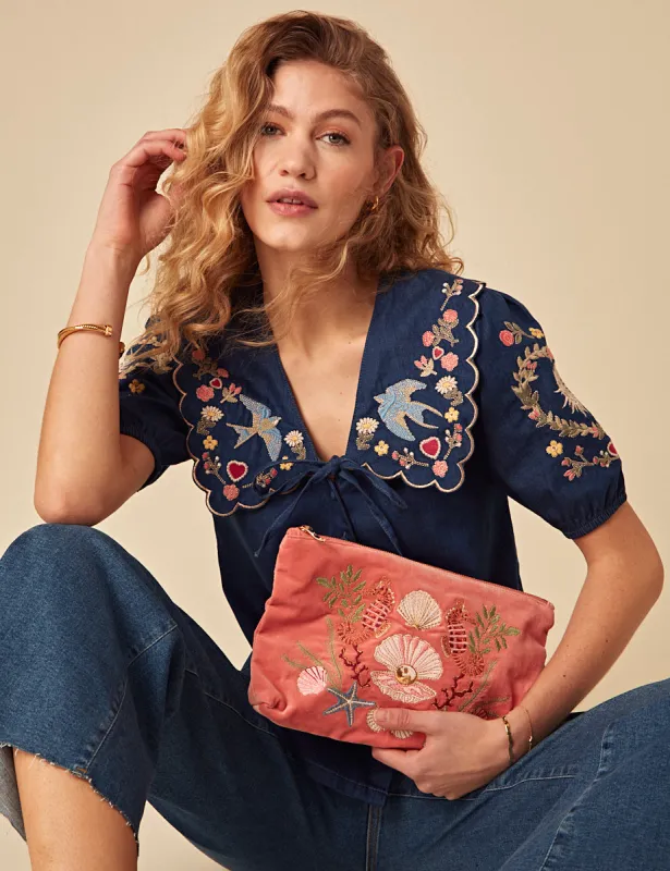 Elizabeth Scarlett Dark Denim Floral Embroidered Blouse sold by Nobody's Child