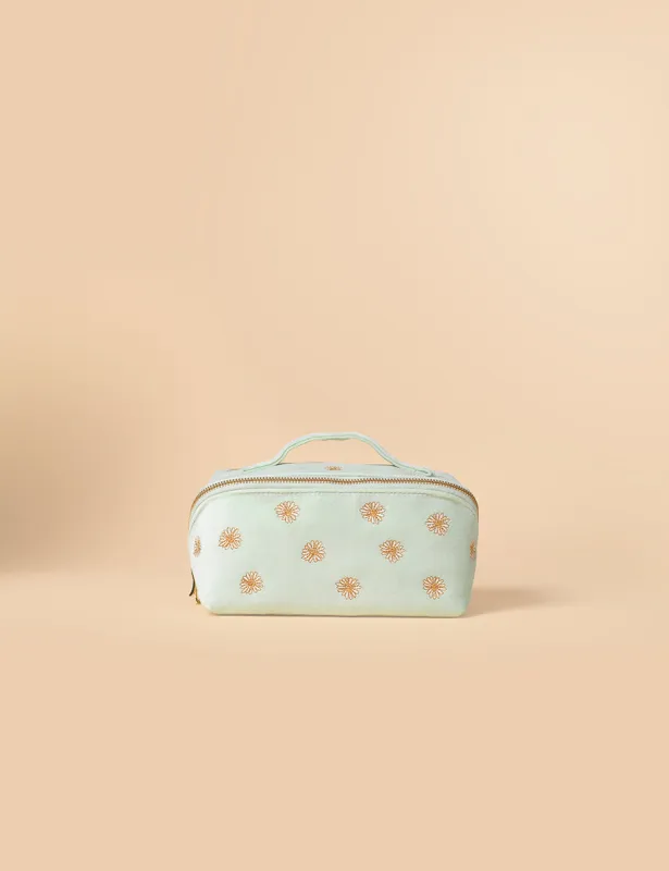 Elizabeth Scarlett Mint Green Daisy Embroidered Open Flat Make Up Bag sold by Nobody's Child