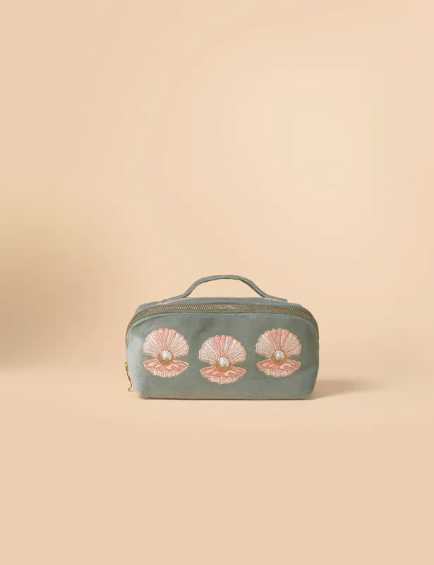 Elizabeth Scarlett Green Shell Embroidered Open Flat Make Up Bag sold by Nobody's Child
