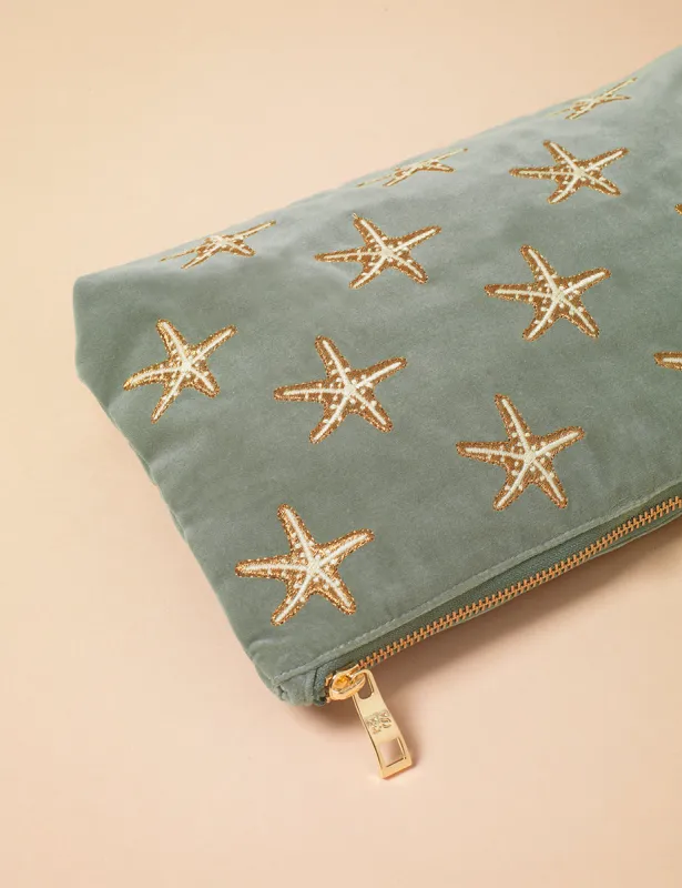 Elizabeth Scarlett Green Starfish Embroidered Pouch sold by Nobody's Child