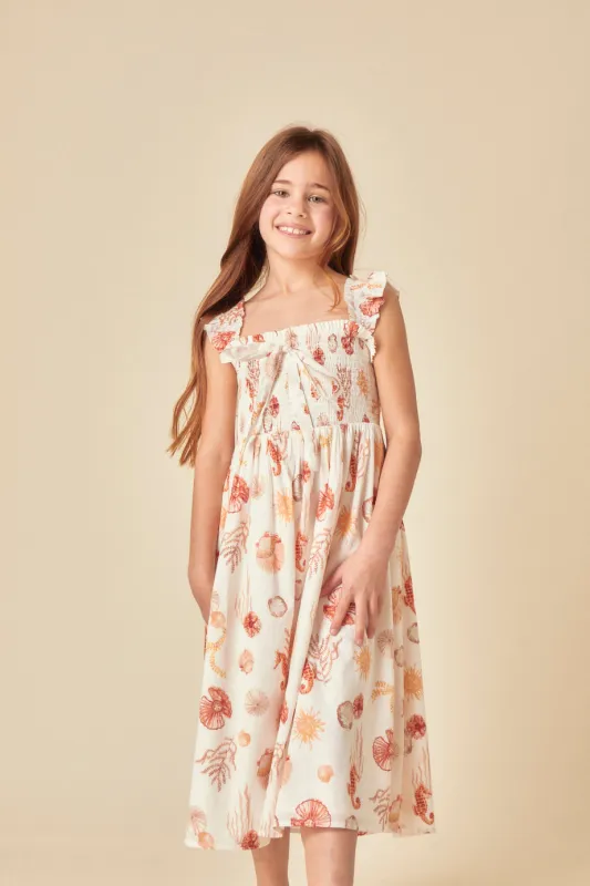 Elizabeth Scarlett Girls White Shell Print Hadley Midi Dress sold by Nobody's Child