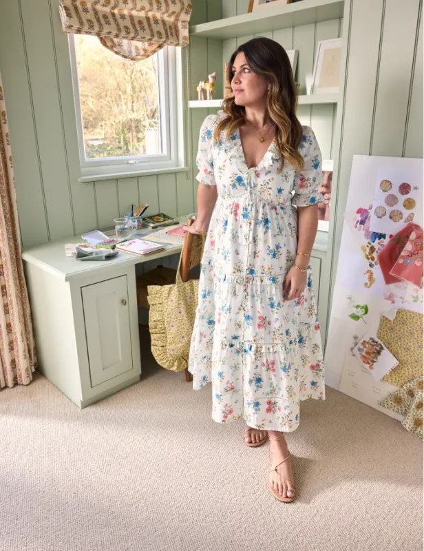Elizabeth Scarlett White Floral Aurelia Midi Dress sold by Nobody's Child