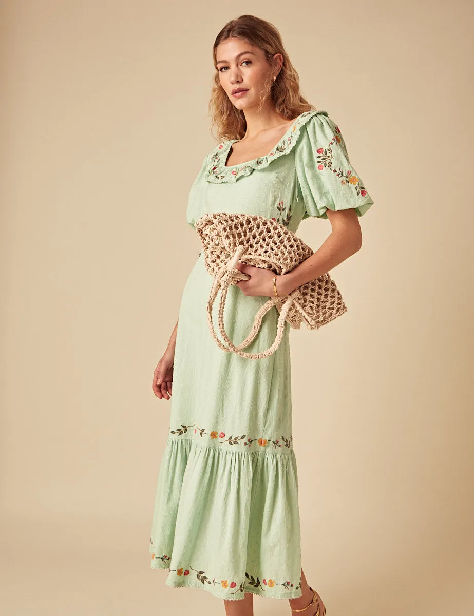Elizabeth Scarlett Mint Green Floral Embroidered Asher Midi Dress sold by Nobody's Child