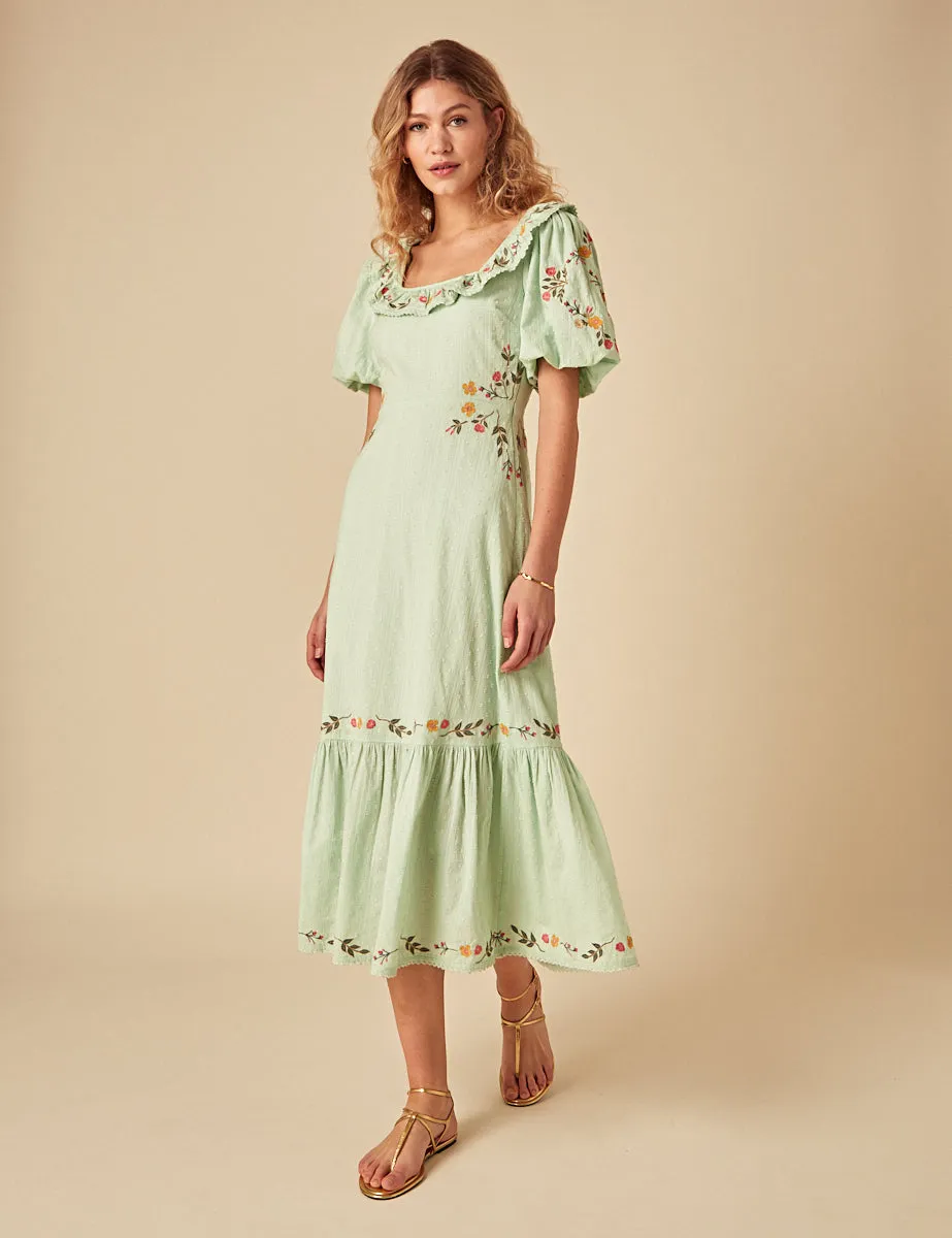 Elizabeth Scarlett Mint Green Floral Embroidered Asher Midi Dress sold by Nobody's Child product image thumbnail 4