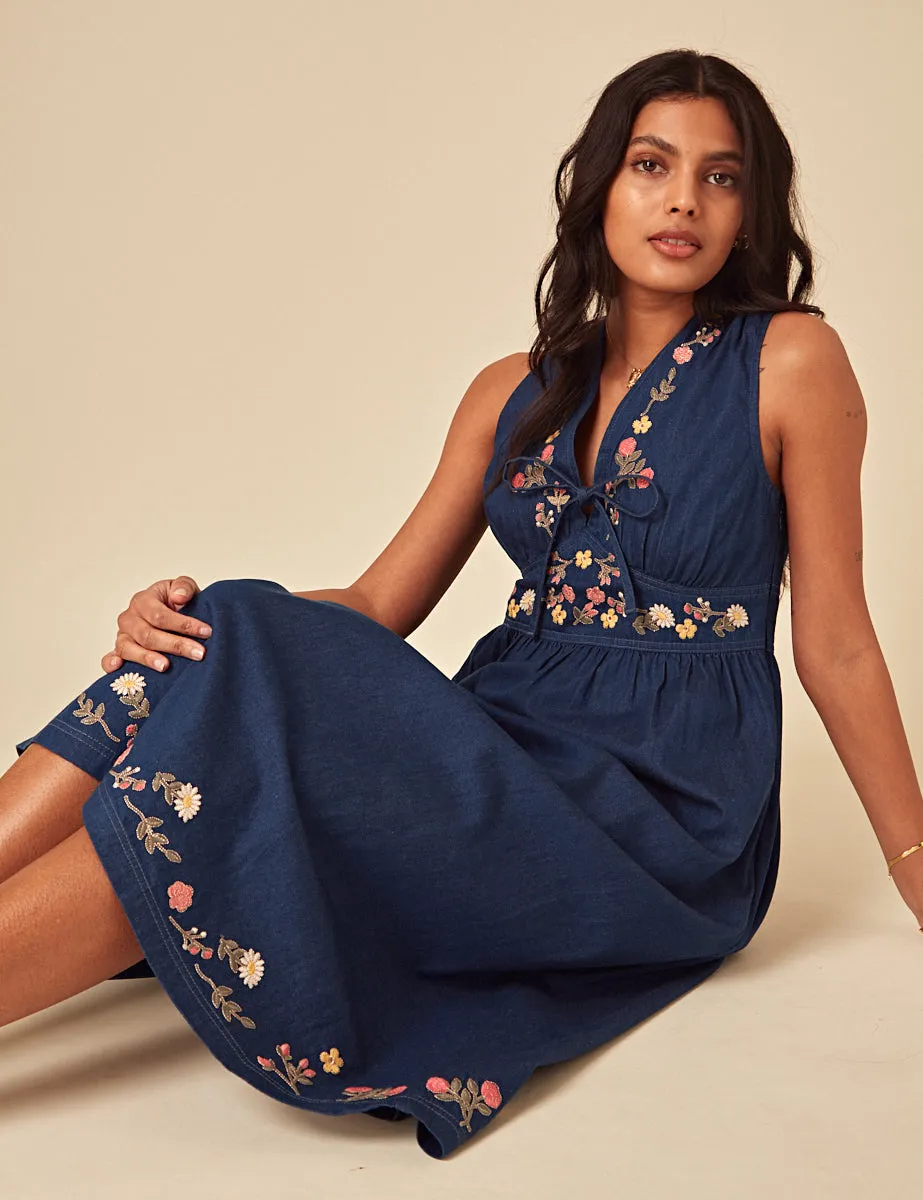 Elizabeth Scarlett Blue Denim Floral Embroidered Astra Midi Dress sold by Nobody's Child product image thumbnail 4
