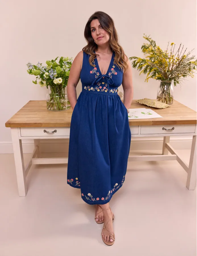 Elizabeth Scarlett Blue Denim Floral Embroidered Astra Midi Dress sold by Nobody's Child