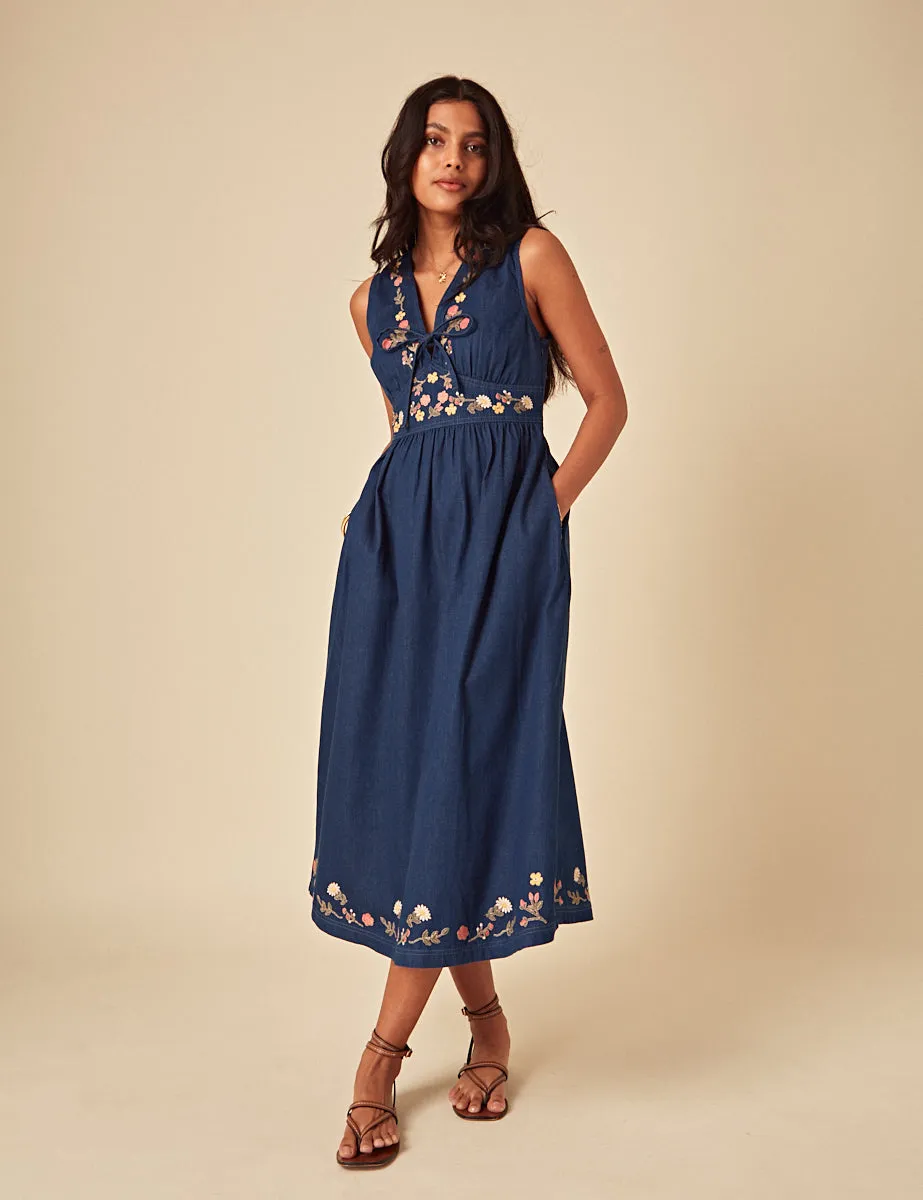Elizabeth Scarlett Blue Denim Floral Embroidered Astra Midi Dress sold by Nobody's Child product image thumbnail 2