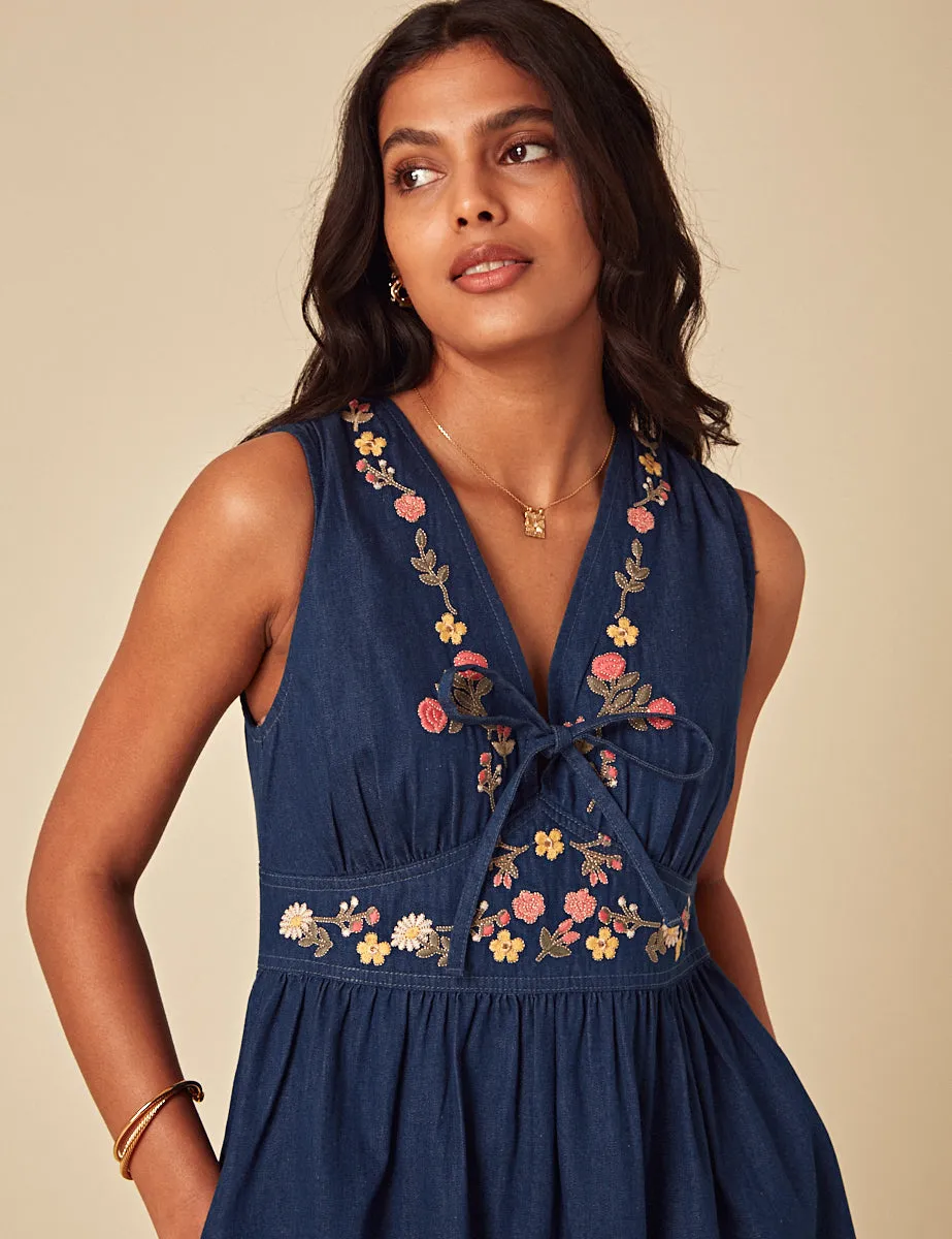 Elizabeth Scarlett Blue Denim Floral Embroidered Astra Midi Dress sold by Nobody's Child product image thumbnail 3