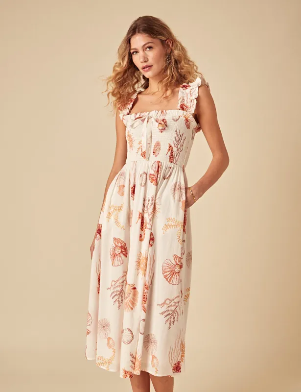 Elizabeth Scarlett White Ruched Shell Print Christine Midi Dress sold by Nobody's Child