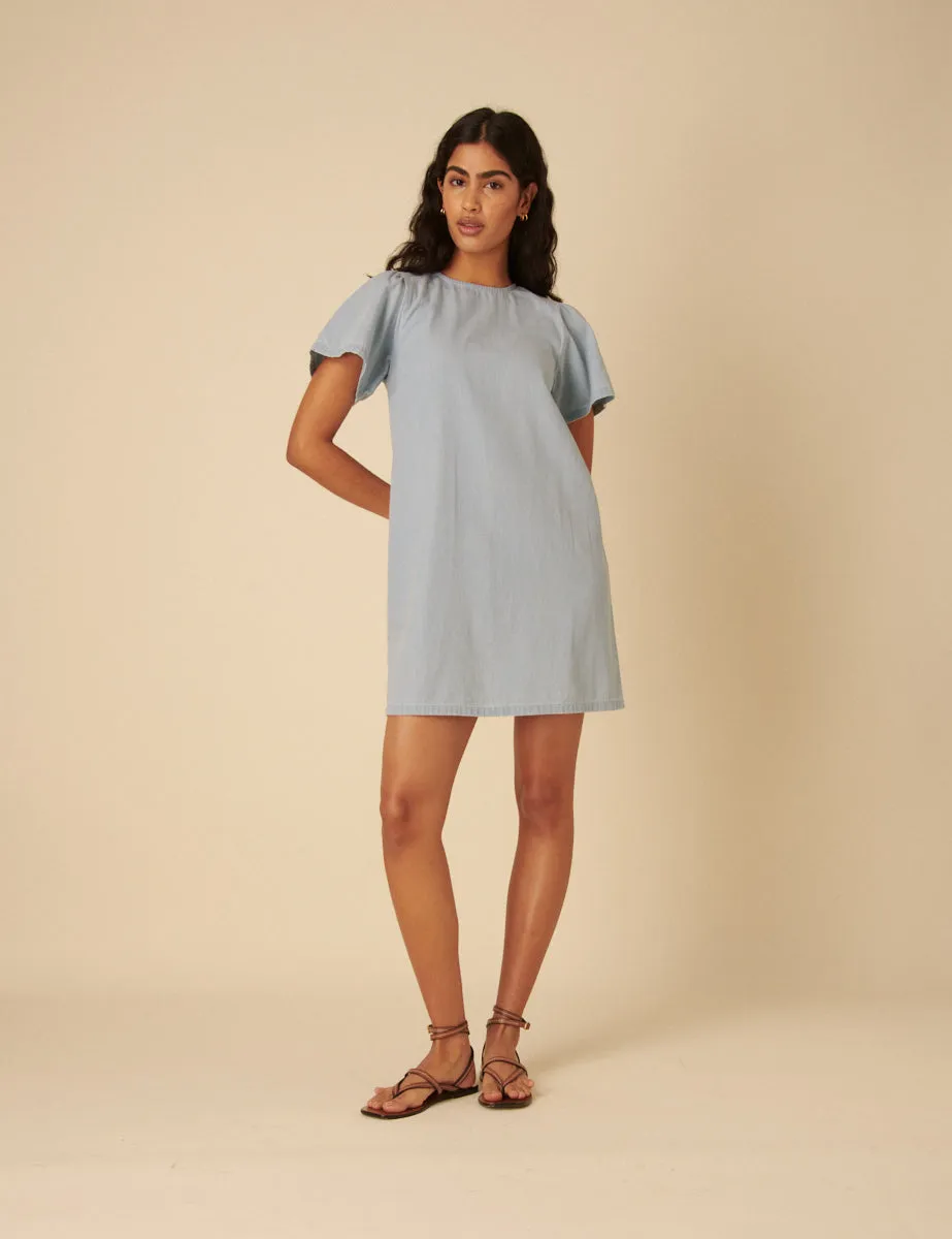Light Blue Denim Puff Sleeve Mini Swing Dress sold by Nobody's Child
