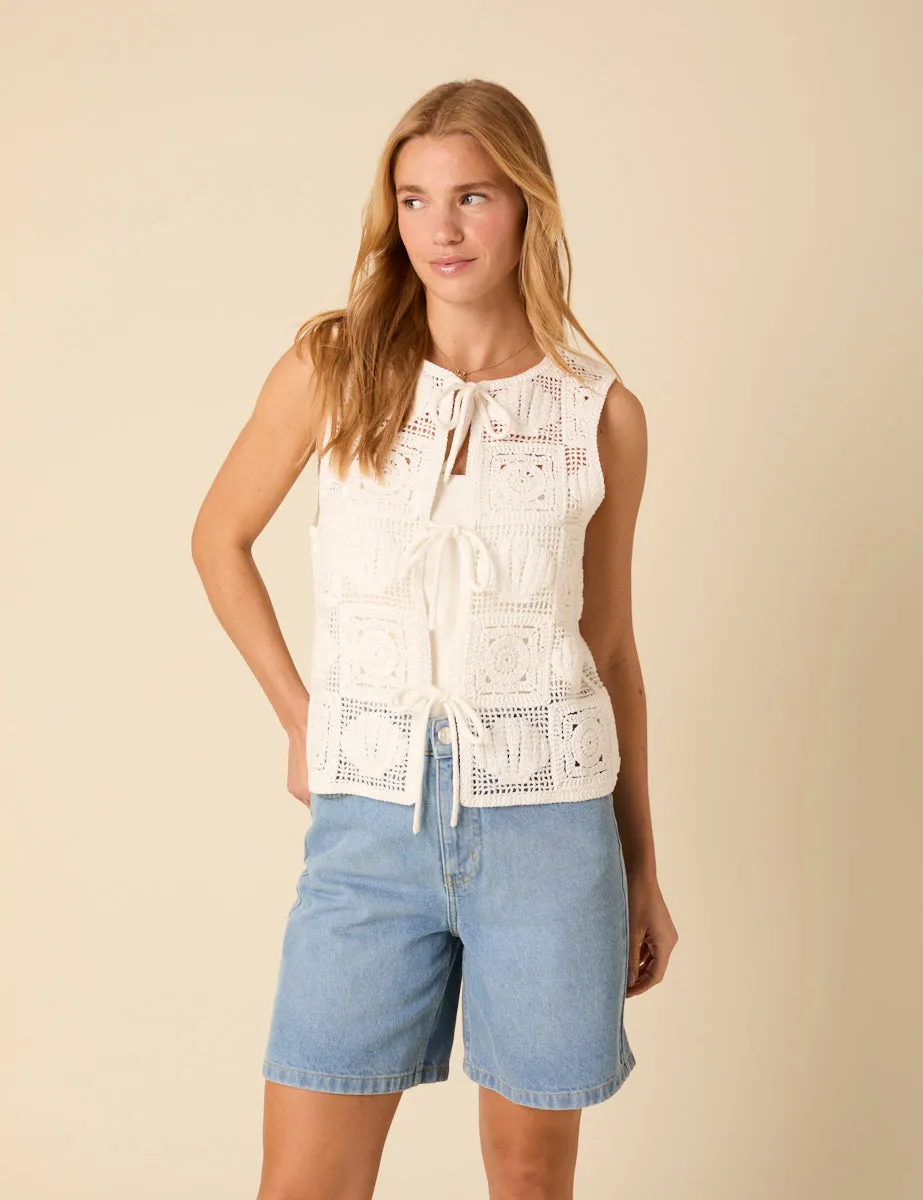 White Crochet Tie Front Waistcoat sold by Nobody's Child