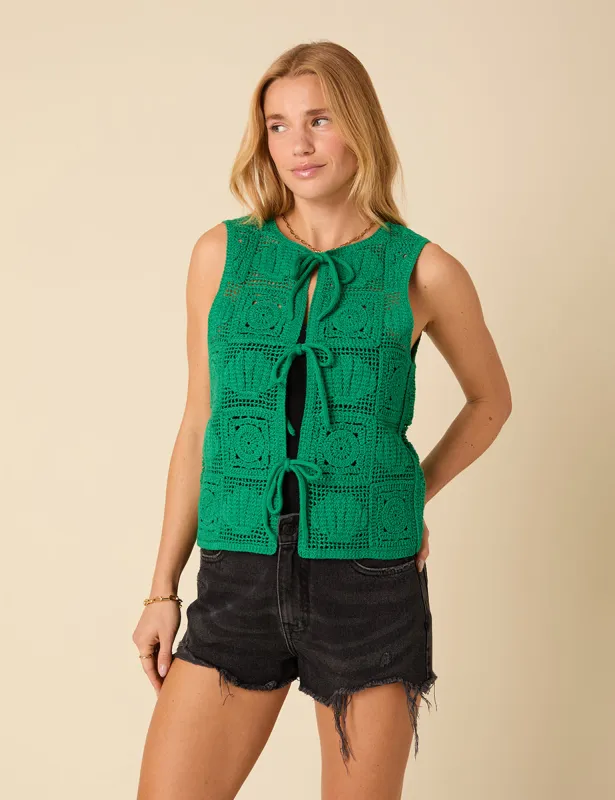 Green Crochet Tie Front Waistcoat sold by Nobody's Child