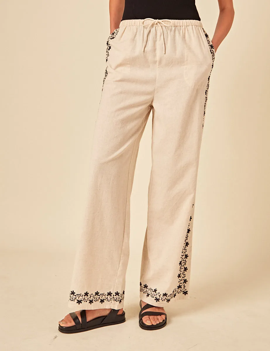 Beige Floral Embroidered Shona Trousers sold by Nobody's Child product image thumbnail 2