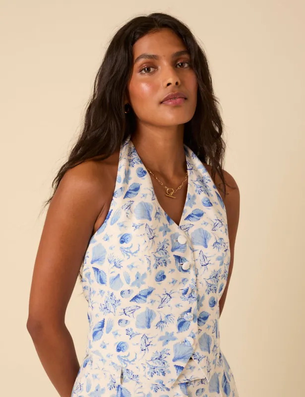 Blue Shell Print Halter Neck Waistcoat sold by Nobody's Child