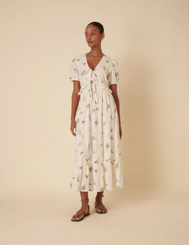 White Ditsy Floral Tiered Katie Midi Dess sold by Nobody's Child