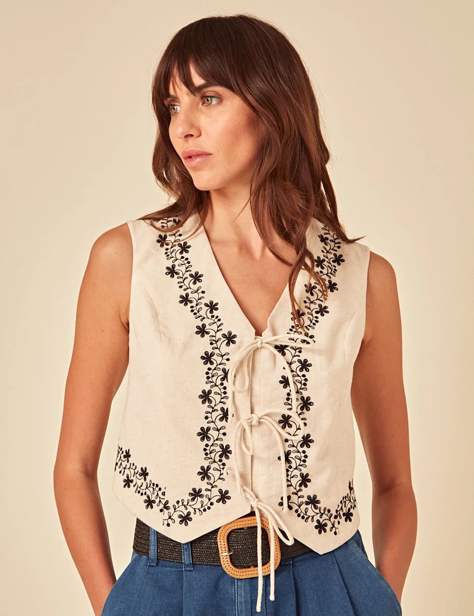 Beige Floral Embroidered Waistcoat sold by Nobody's Child