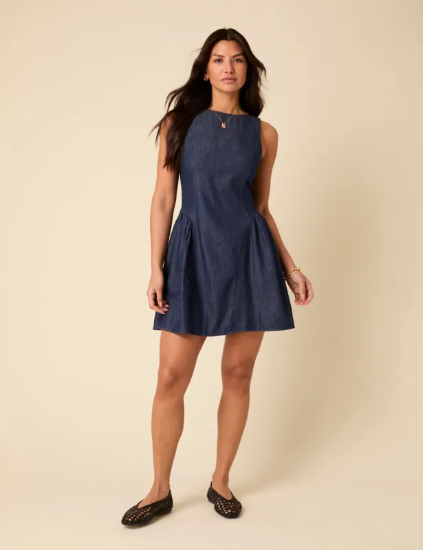 Dark Blue Denim Drop Waist Penelope Mini Dress sold by Nobody's Child