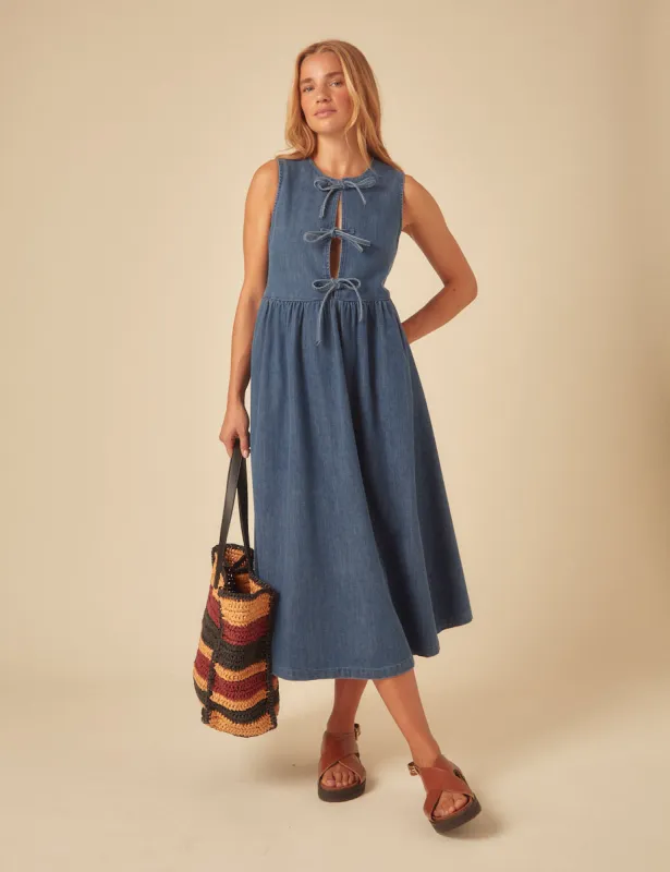 Denim Tie Front Eden Midi Dress sold by Nobody's Child