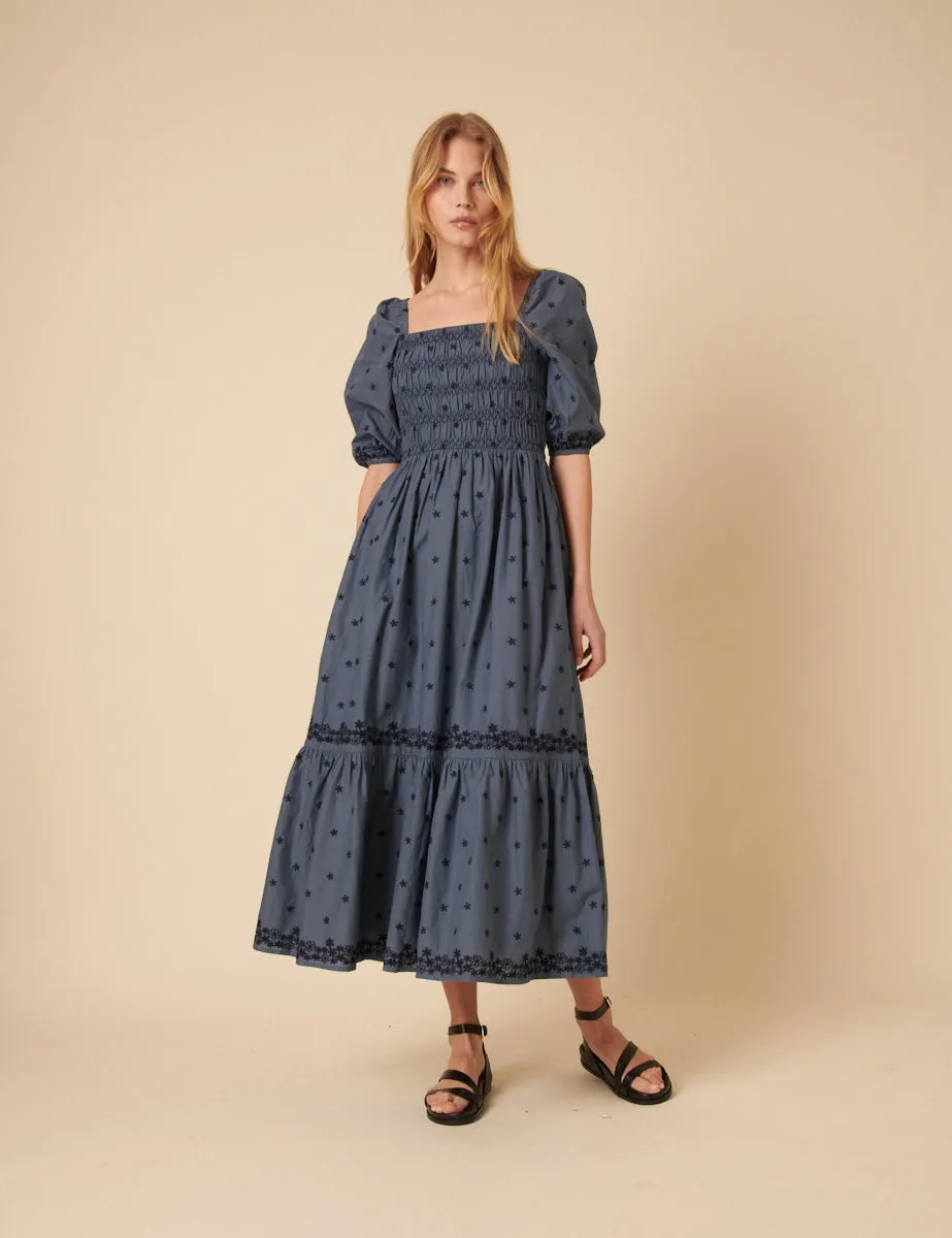 Blue Embroidered Tiered Milos Midi Dress sold by Nobody's Child